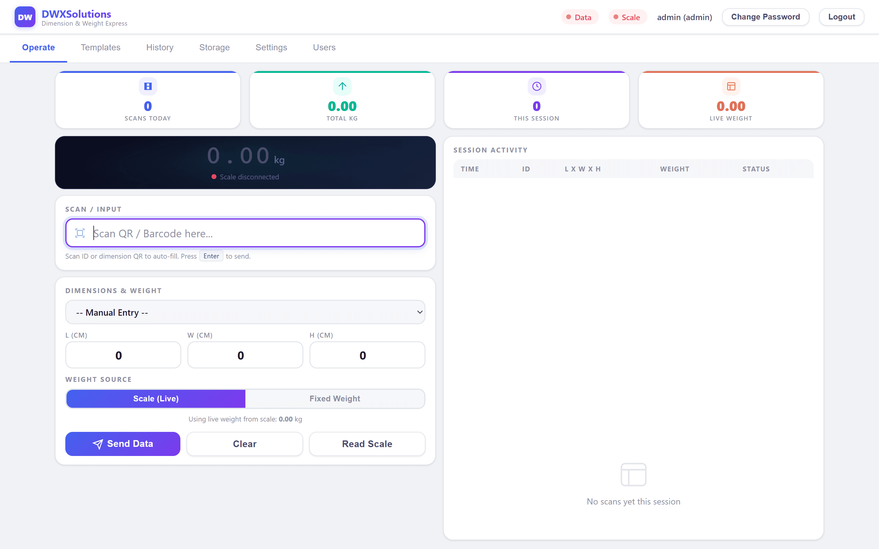 หน้าจอจริงของ DWXSolutions — หน้า Operate สำหรับชั่งวัดและส่งข้อมูล