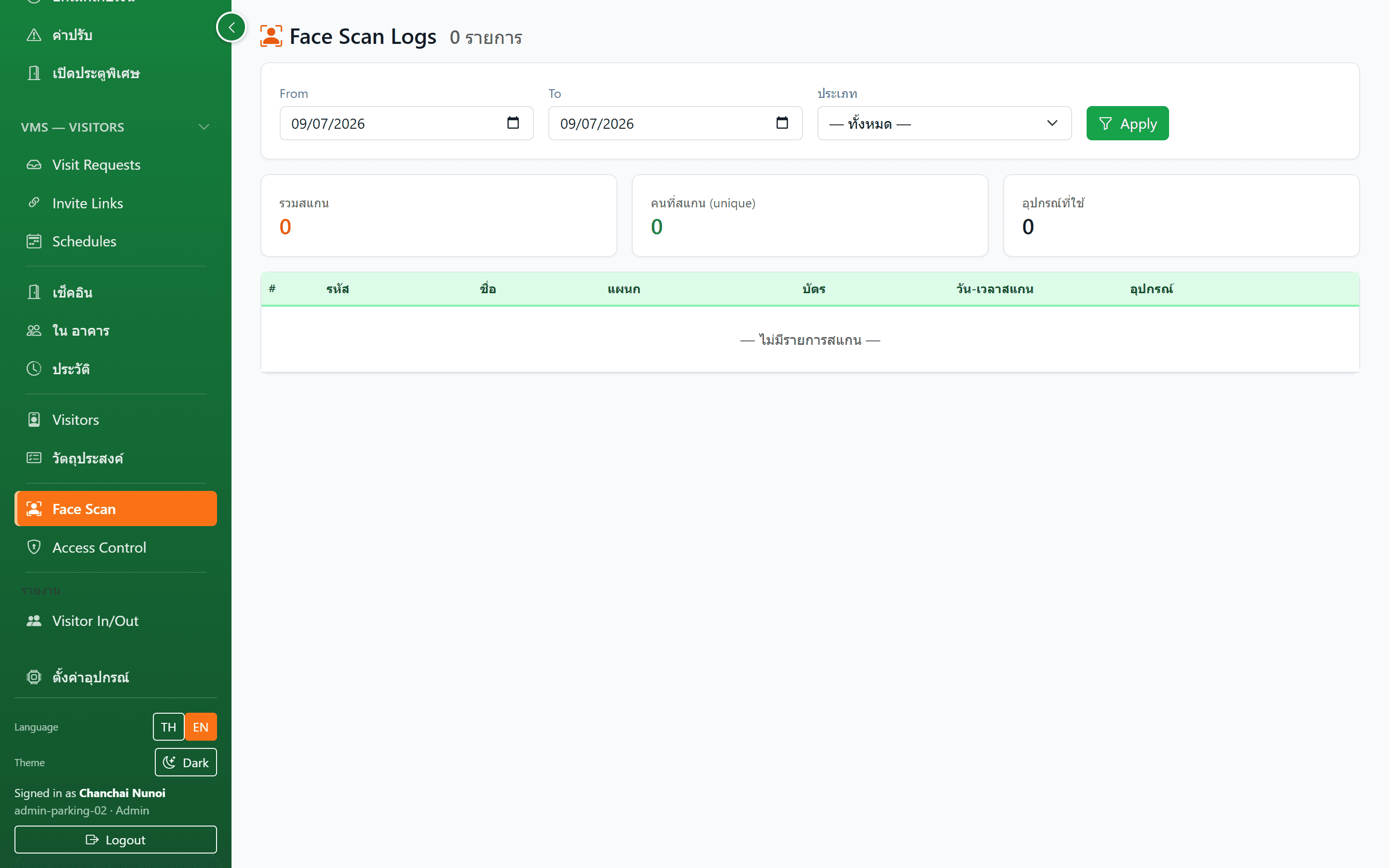 Face Scan Logs — บันทึกการสแกนใบหน้าพร้อมสถิติและอุปกรณ์ที่ใช้